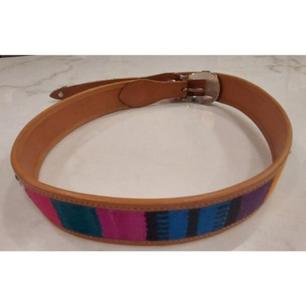 Vintage Leather Multicolor Hand Woven Weave Aztec Boho Belt 30" w/ Silver Buckle